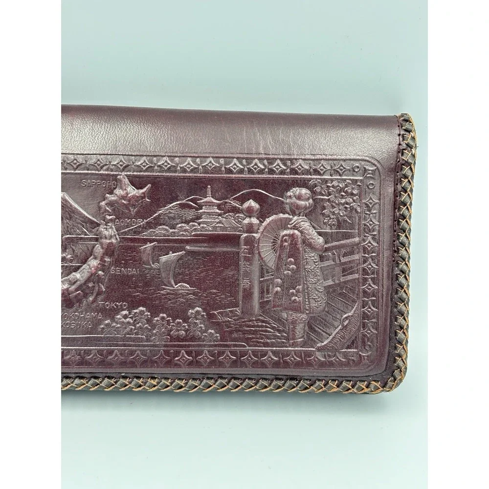 Vintage Embossed Leather Wallet Japanese Japan Map Dragon Bi-fold Dark Brown